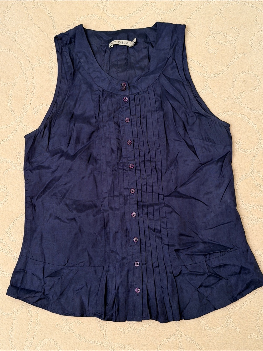 Kookai Navy Sleeveless Pintuck Button Top